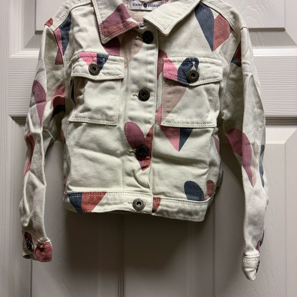 Kids Cream Denim Jacket with Pink & Navy Hearts